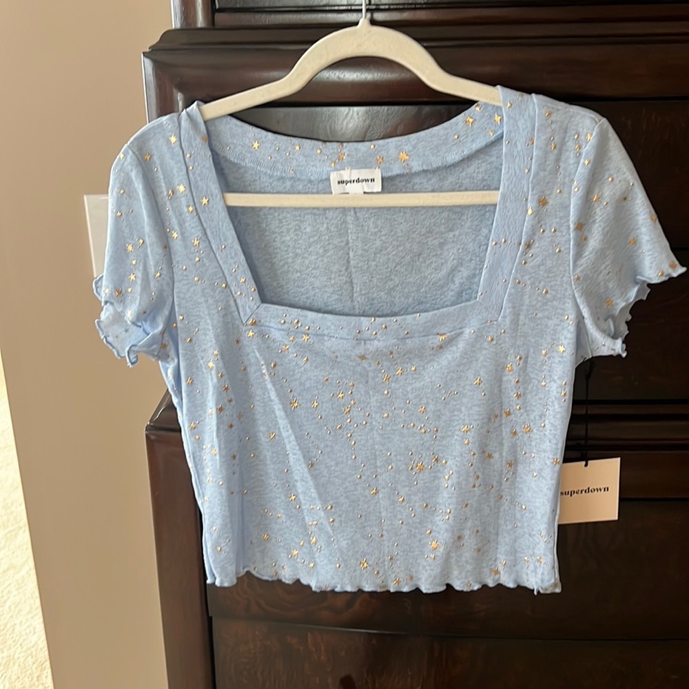 Superdown Tee, ruffled hem, gold stars, square neck